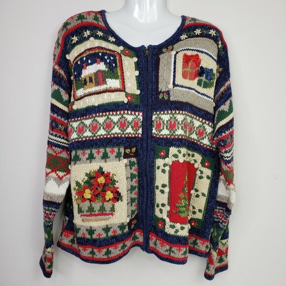 Heirloom Collectibles Christmas Sweater Large 3D Tree Poinsettias Full Zip VTG - Picture 9 of 10